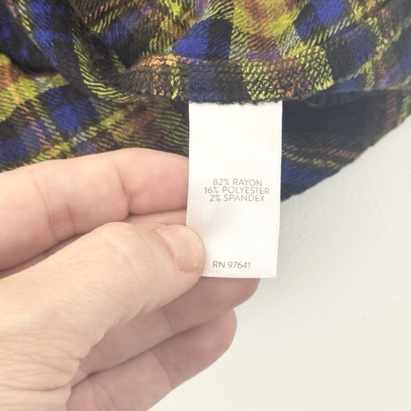 J Jill XL Crinkle Plaid Blouse Ruffle Neck Mandarin Collar Button Front - Picture 9 of 11